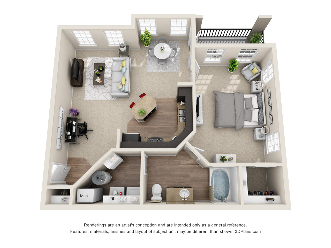 Floor plan for 1 bed, 1 bath, 854 sqft